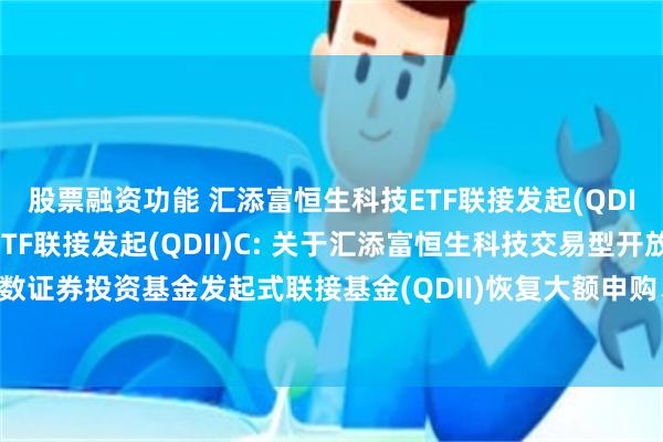 股票融资功能 汇添富恒生科技ETF联接发起(QDII)A,汇添富恒生科技ETF联接发起(QDII)C: 关于汇添富恒生科技交易型开放式指数证券投资基金发起式联接基金(QDII)恢复大额申购、转换转入、定期定额投资业务的公告