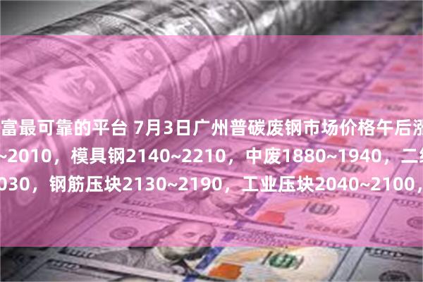 财富最可靠的平台 7月3日广州普碳废钢市场价格午后涨20-30，重废1950~2010，模具钢2140~2210，中废1880~1940，二级破碎料1970~2030，钢筋压块2130~2190，工业压块2040~2100，工角槽1990~2050，不含税，单位：元/吨。